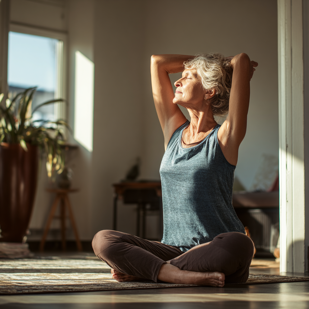 Senior adult practicing gentle yoga stretches in comfortable home setting with natural lighting